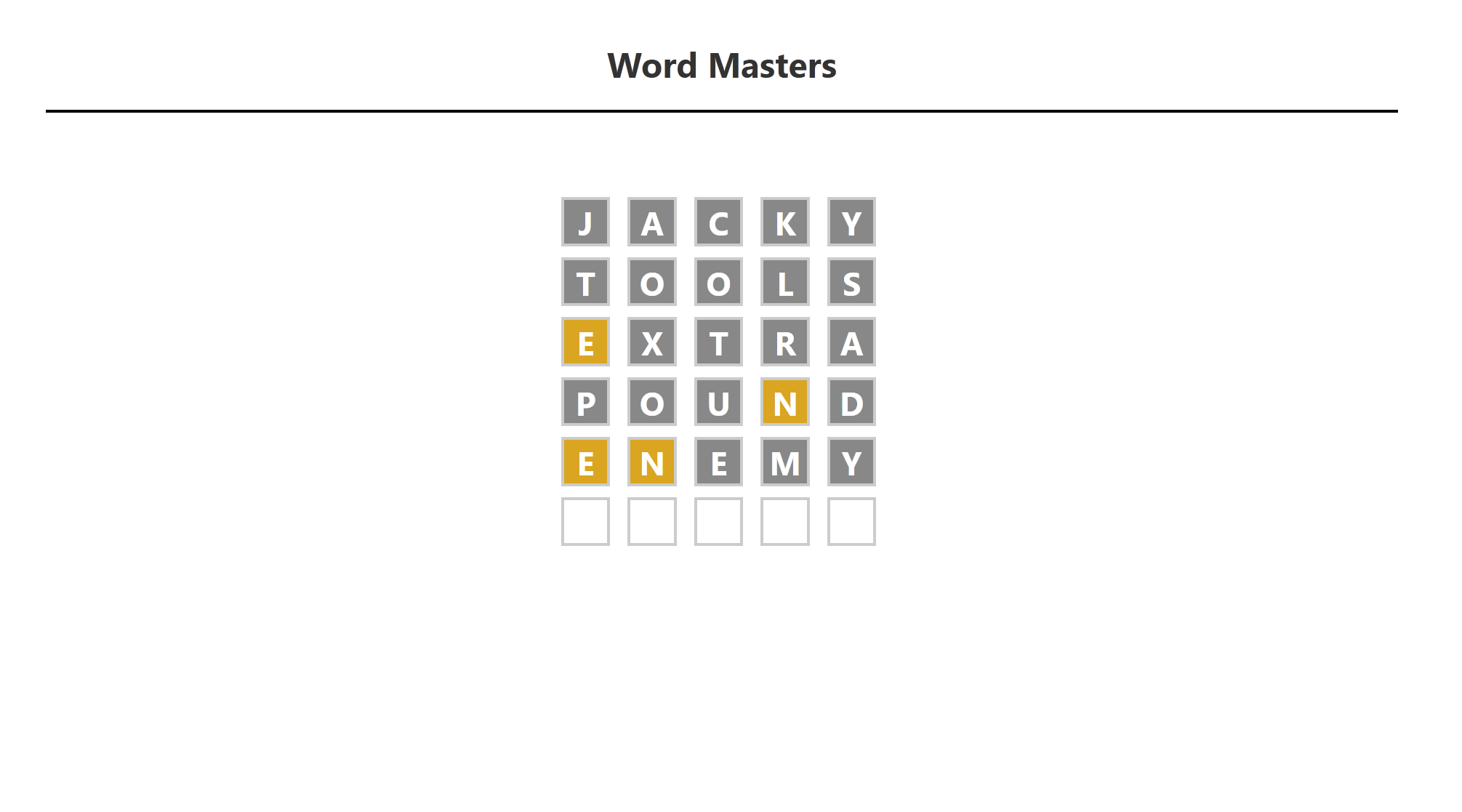 A Wordle replica called Word Masters showing guessed words with yellow and gray letter hints
